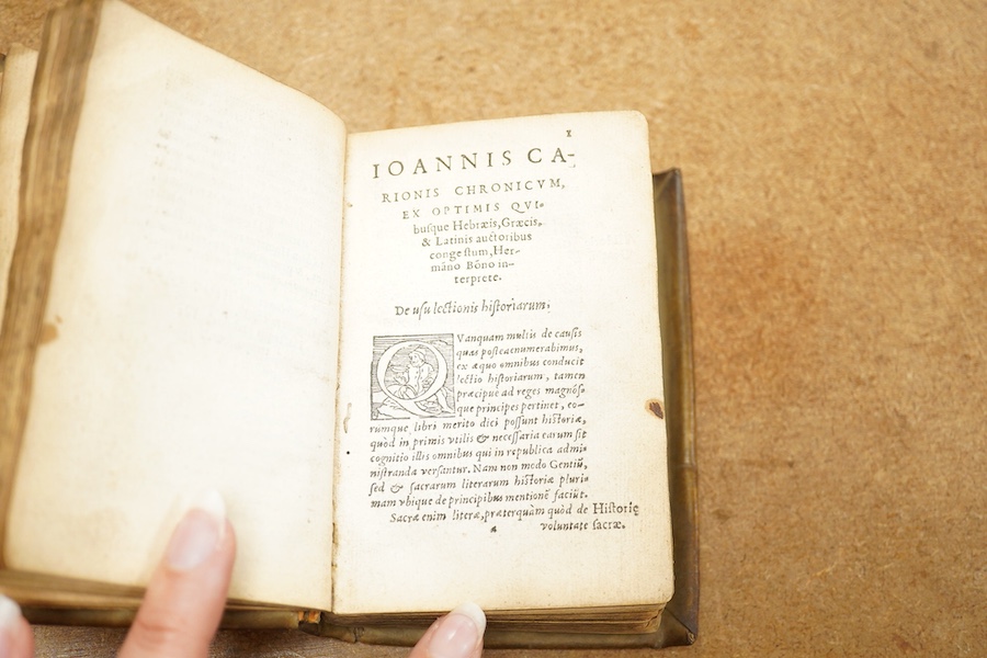 Carion, Johann - [Chronica] Mathematici ... Chronicorum libri tres in Latinum sermonem conversi, Hermanno Bonno interprete ... (32), 280, (4)ff. (but lacks ff.220 and 221): contemporary vellum, sm.8vo. Paris: Jacobum Bog